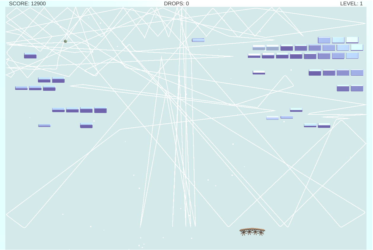 a screenshot of cubes, a brick clone, with the typical rectangular bricks and paddle at the bottom. the background is light blue and the bricks are slightly more blue. the ball traces a thin white line across the background, showing all its previous locations