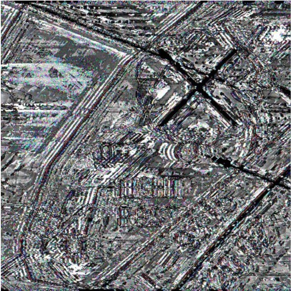 glitchy black and white Hazard Tree artwork: hectic grey and black with pixelated rbg artifacts in the interstices; you can sort of make out words and forms