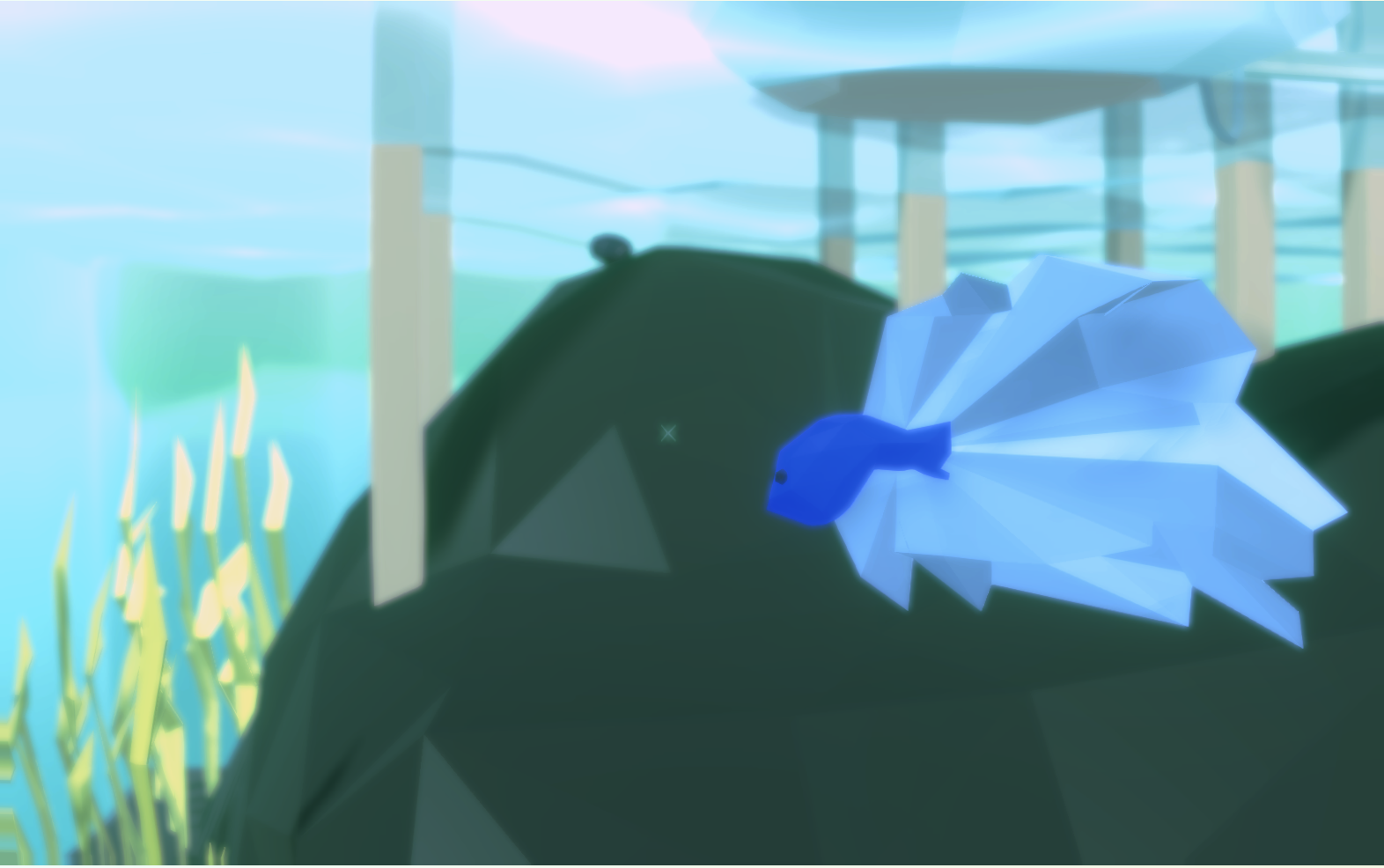 a screenshot of residenSEA showing a blue fish swimming underwater; there is a low-poly 3D environment consisting of rocks, grass, snails, a boat floating on the surface of the water, and pilings embedded in the rock